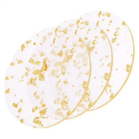 Tre moderne sekskantede akrylunderlag med guldfolie - transparente drikkeunderlag til kaffe, te, varme og kolde drikke - dekor