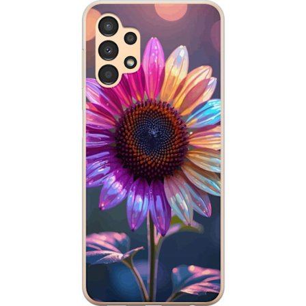 Kompatibelt Mobildeksel til Samsung Galaxy A13 Irideserende blomst med glitrende kronblad i rosa lilla og gull mot myk bokeh bakgrunn