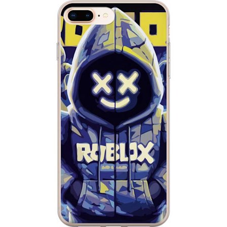 Kompatibelt Mobildeksel til Apple Apple iPhone 8 Plus Blågul Roblox hettegenserfigur med minimalistisk neonstil og masket ansikt, moderne spillillust