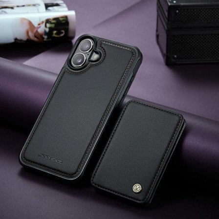 (For iPhone 16) Avtakbart magnetisk lommebokdeksel med RFID-blokkering og stativ, 4 kortspor, støtdemping, støtter MagSafe trådløs lading