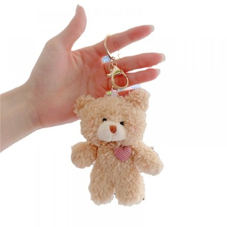 Plys bamse nøglering kawaii sød bamse nøglering plys bamse plys rygsæk pung vedhæng, brun bamse guld spænde lyserød hjerte 11-13cm