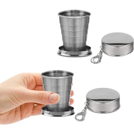 (Liten 74ml) 2 st Hopfällbar Kopp i Rostfritt Stål, Vikbar Kopp med Lock och Nyckelring, Hopfällbara Koppar för Resor, Camping, Vandring, Cykling och 