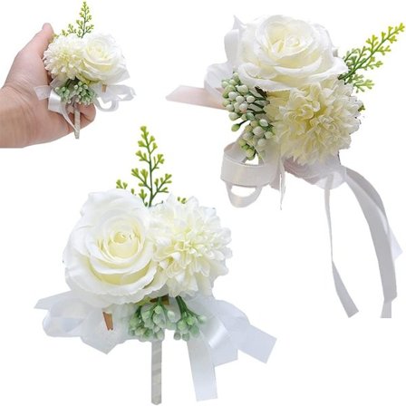 (Hvid) 1 sæt, 2 kunstige håndledsblomster, bryllupscorsage, rosencorsage, bryllupshåndledsblomst, håndledsblomst, egnet til bryllup, banket, 