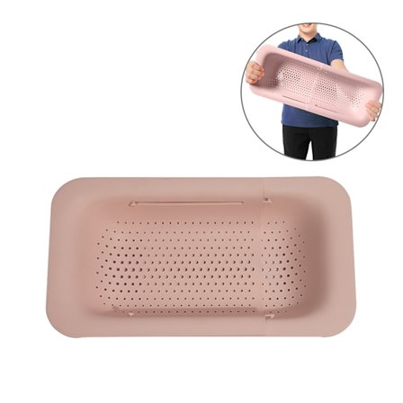 Udtrækkelig vask afløbskurv i plast, udtrækkelig tørrestativ til vask, udtrækkelig si til grøntsager og frugt i pink farve