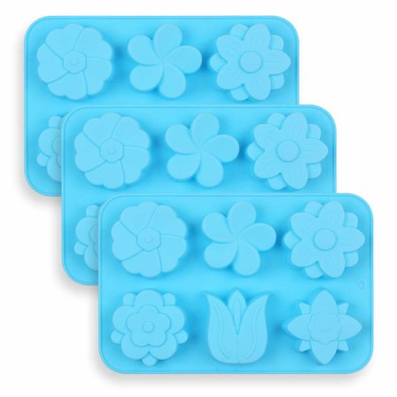 6-hullers silikoneform i blomsterform, sæt med 3 stk non-stick fødevarekvalitet silikone blandede tulipaner, tusindfrydform til slik chokolade gelé, 