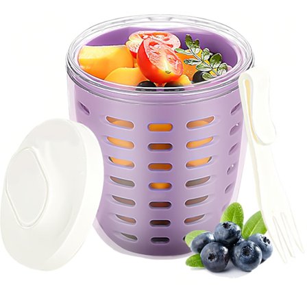 Fruktsallad Förvaringsmugg med Lock och Gaffel, Återanvändbara Plastbehållare för Fruktförvaring i Kylskåp med Dräneringskorgar, BPA-Fria & Läcksäkra,