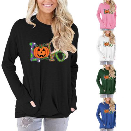 Dam T-shirt Skull Pumpkin Casual Lös Långärmad Tunikatopp