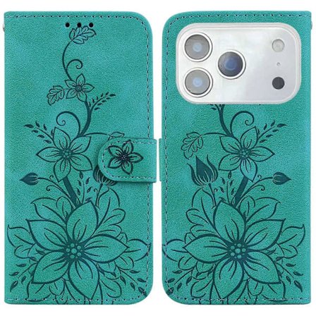 Kompatibel med iPhone 17 Pro Max Ställfodral Liljeblomma Präglat Läder Telefonskal med Handledsrem Green