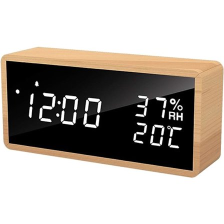 Hvit, digital vekkerklokke i tre, digital klokke med 3 alarmsett