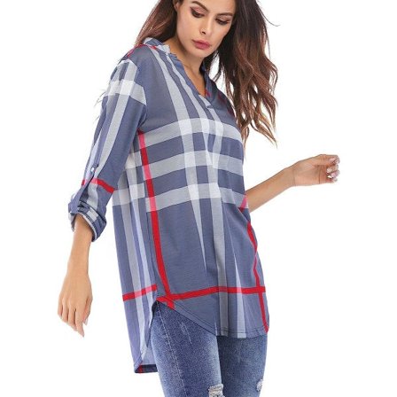 IC Kvinnor Roll-Up 3/4 ärm Rutig Skjorta Tunika V-hals Casual