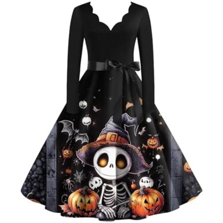 BTBDYDH Halloween Klänning Retro Långärmad V-ringad Klänning Utsvängd Vintage Hepburn Klänningar Pumpa Fladdermus Häxa Tryckt Cosplay Party Kostym 