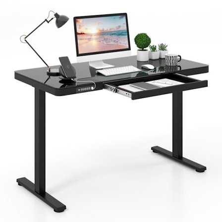 COSTWAY Elektriskt sitt-stående skrivbord 120x60x73-118CM Låda, justerbar höjd, härdat glasskiva, USB Type-C-uttag, svart