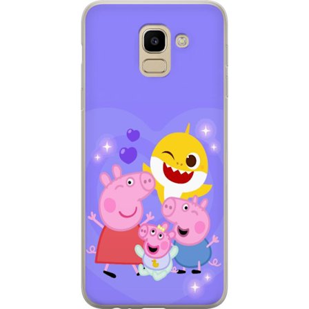 Kompatibel Mobilcover til Samsung Galaxy J6 Peppa Gris mønster med hjerter, sommerfugle og venner, lyserød baggrund i bløde børneillustrationer