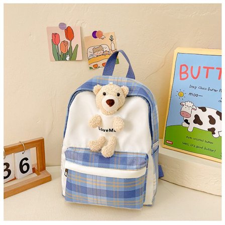 Førskole rygsæk drenge og piger sød lille bjørn rygsæk ternet mode børne rygsæk 2-5 år gammel - blå