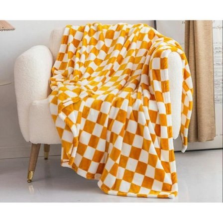 (Gul+Hvid) Gulternet tæppe til børn, drenge, piger, kadet, fødselsdag, til seng, sofa, blødt tæppe, 99x150 cm