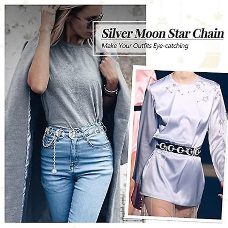 {xjxj} Kjedebelte Dame Kjole Midjekjede Stjerner Måne Sølvbelte Krystall Korsett Midjebelte Vintage Kroppskjede 1stsilver-