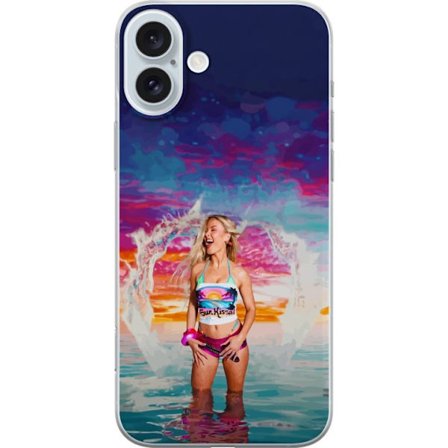 Kompatibelt Mobildeksel til Apple iPhone 16 Plus Blond kvinne i fargerik strandantrekk som leker i havet ved solnedgang