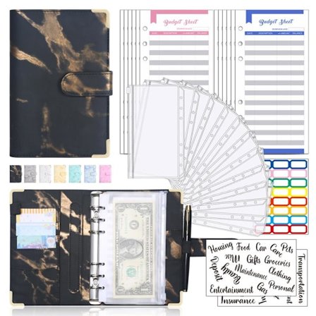 A6 PU-skinn Løsblad Notatbok med Svart Kontantbudsjett Konvoluttsett