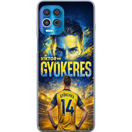 Kompatibelt Mobildeksel til Motorola Motorola Edge S Viktor Gyökeres fotballplakat i gult og blått med dramatisk stadionbakgrunn, sportillustrasjon