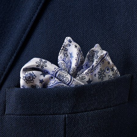 Pañuelo de bolsillo de seda con estampado de cachemira blanco y azul para hombres - Pañuelos de bolsillo estampados