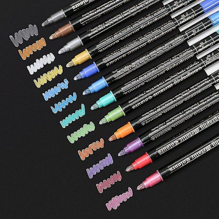 Metalliske tusser, 12 farver, dobbelt spids, metalliske tusser til sort papir, mors dags gavekort, guld sølv maling, metalliske tusser til 