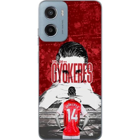 Kompatibel Mobilcover til Motorola Moto E15 Rød dramatisk kollagebillede med portræt af Viktor Gyökeres og spillere set bagfra på arenaen