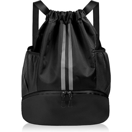 Rygsæk med snøre, vandtæt sportsrygsæk, stor sort træningstaske med skorum og vandflaske, netlommer PL