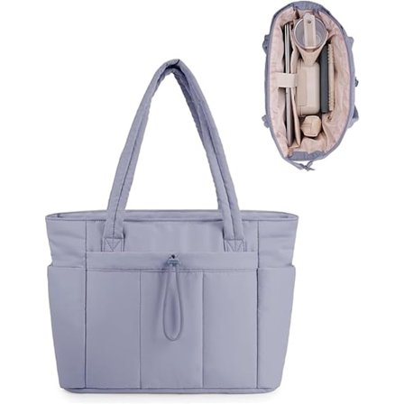 Dametaske i dun med rum til kop og vandflaske, laptoplomme og trolleykuffert, letvægtspolstret håndtaske til arbejde og rejser