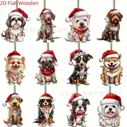 Julgransprydnader i trä 2D Jul hund trä prydnadsset hänge Jul hund trä present