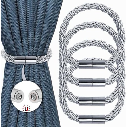 Magnetisk gardin til gardinstang, kreativ ophængning til gardiner, spænder draperier, reb, til boligindretning, 4 stk. (sølv)