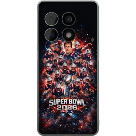 Kompatibel Mobilcover til OnePlus 10 Pro Super Bowl 2026 plakat med New England Patriots og NFL-pokal i eksplosiv sportsdesign
