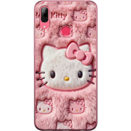 Kompatibel Mobilcover til Huawei Y7 (2019) Hello Kitty lyserød fluffy baggrund med ikonisk ansigt og kawaii-æstetik