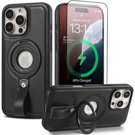 Magnetisk Ringgrepphållare för Mobilskal | Skyddande Mobilskal i Läder | Kompatibel med MagSafe | Inbyggt Ställ iphone 14pro