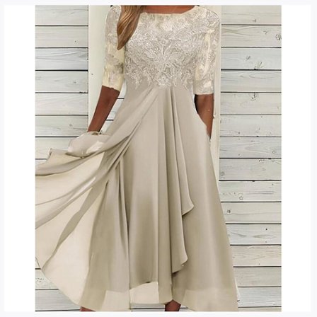 Kjole med blondeapplikationer, midi, kortærmet, aftenkjoler, afslappet allround-kjole, velegnet til bryllup