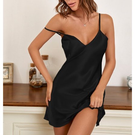 Sateng Nattkjole med Spaghettistropper V-hals A-linje Is Silke Nattøy Kjole for Kvinner Svart L