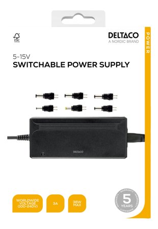 Deltaco Power supply 100-240 V, 5-15 V DC, 3 A max, 36 W, 6 tips