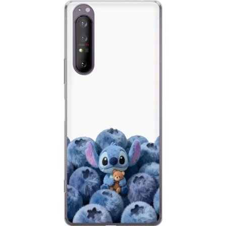 Yhteensopiva Puhelinkuori Sony Sony Xperia 1 II Söpö sininen hahmo mustikoiden joukossa, jossa on pehmeä ja leikkisä kuvitus sekä nalle