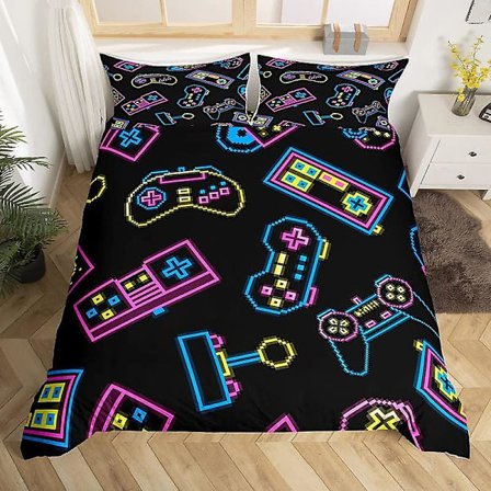 Gamer King Queen Påslakanset Spel Bäddset Rosa Blå Spel Täcke Örngott Gamepad Konsol Kontroller Polyester Quilt Överdrag