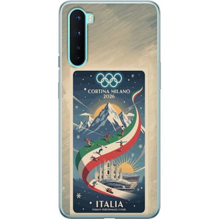 Yhteensopiva Puhelinkuori OnePlus Nord Mäkihyppykuvitus, jossa hiihtäjä tähtää kiväärillä lumisella radalla, teksti Milano Cortina 2026 ja olympialais