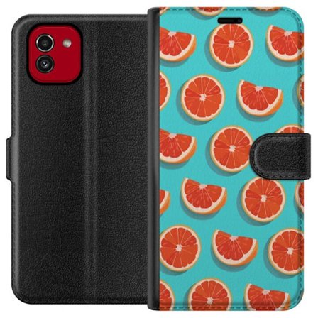 Kompatibelt Lommeboketui til Samsung Galaxy A03 Illustrert mønster med gjentatte grapefrukt skiver mot en turkis bakgrunn