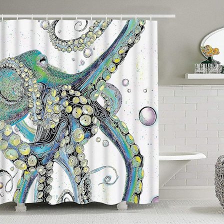 Duschdraperi för badrum, färgglada bläckfiskduschdraperier, med 12 krokar