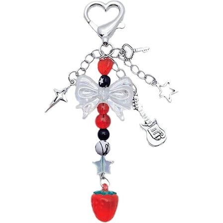 Mote Nøkkelring, Søt Jordbær Nøkkelring med Perler for Jenter Søt Kul Søt Nøkkelring Veskeanheng Krystallrosett