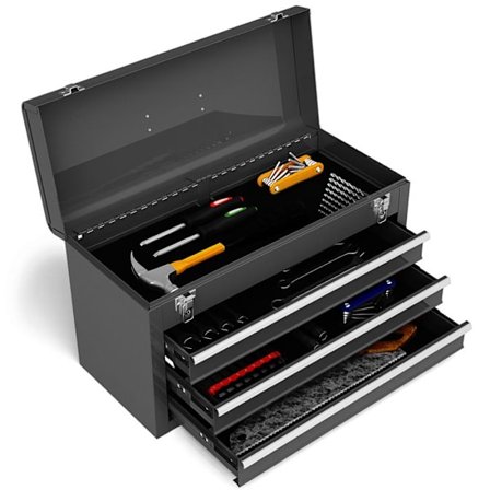 COSTWAY metallinen työkalulaatikko - 3 laatikkoa ja 1 säilytyslokero - 2 salpaa - EVA-vuoraukset - kantokahva - musta