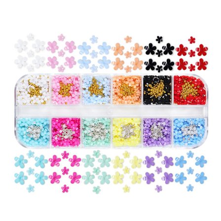 3D Blomst Neglepynt og Metall Caviar Perler, Akryl Resin Blomster Negledesign Gull Sølv Neglekule Perler Negleperler