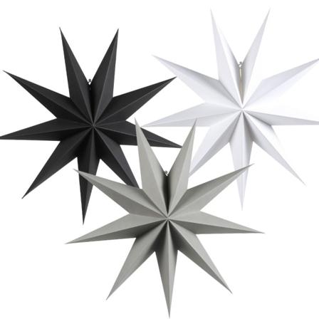 Foldbare Stjerner 30cm 9-Punkts Juletræsstjerne Sæt til Juletræ - Hvid Grå Sort 3 Dele Y