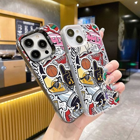 Tecknad Frostat Dubbellager Färg Silver Phone case Lämplig för Iphone 15 Case Case Stil B Svart Ypmd0946