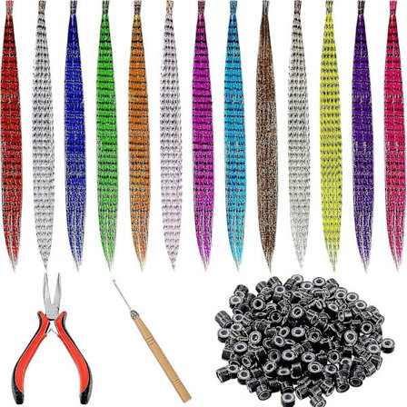 52 st färgade syntetiska hårfjädrar färgglada falska hårförlängningar blandade färger rakt hårfjäder med 200 st silikonfodrade microringar, Cr