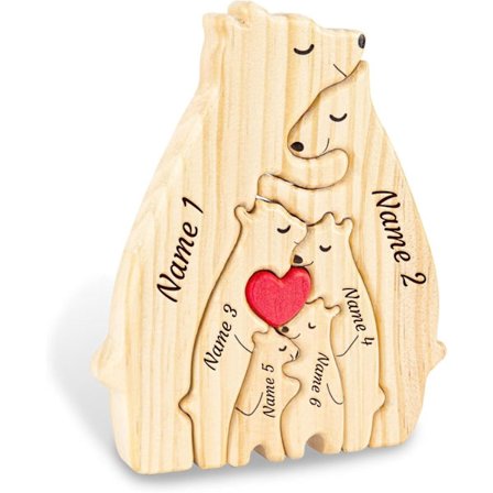 Personligt træpuslespil med navn med krammende bjørnefamilie, familiemedlemmer, bjørnedekoration, fødselsdagsgave (mor og babybjørn)