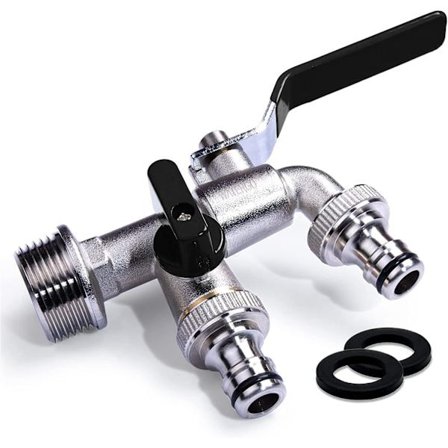 Dubbel kran 1/2 tum svart / Dubbel kran mässing med 2x 3/4 tum utlopp + e-bok/ Rost- och frostbeständig utomhuskran trädgård, hushåll och industri