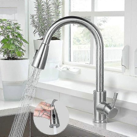 Køkkenarmatur, 304 rustfrit stål vask blandingsbatteri, 360 roterende vaskarmatur med udtrækkelig spray G